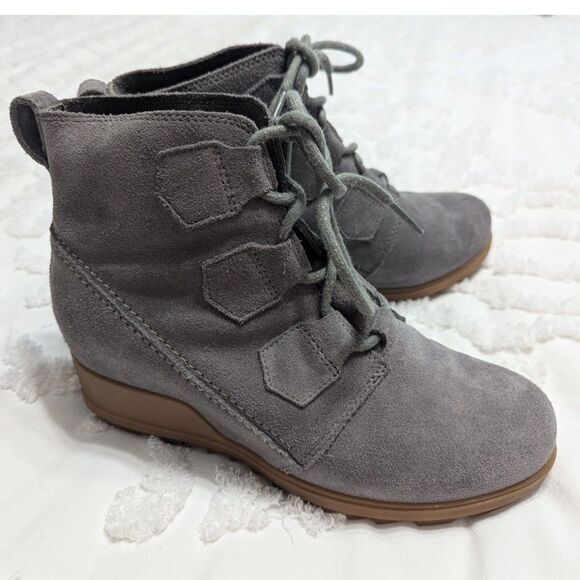 🥾 Sorel Evie Lace Waterproof Gray Suede Wedge Boots Women’s 8.5 - Picture 7 of 9